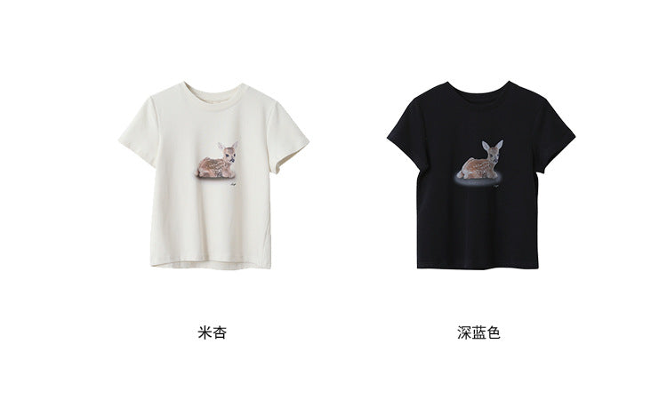 【L3127】實拍小鹿印花磨毛短袖T250827