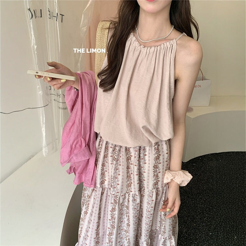 【L8665】實拍檸檬家 少女感棉麻綁帶背心250519
