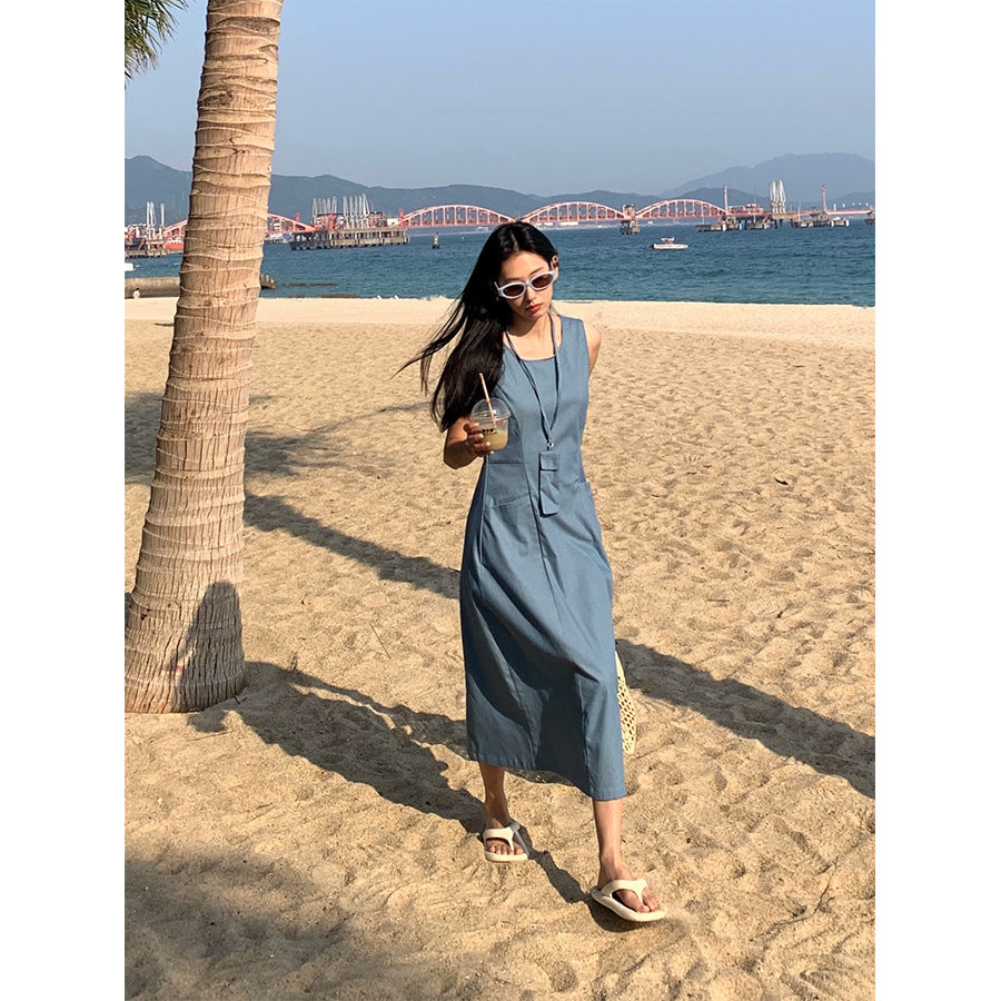 【H5160】實拍夏天優雅簡約口袋長洋裝+同步料小袋250331