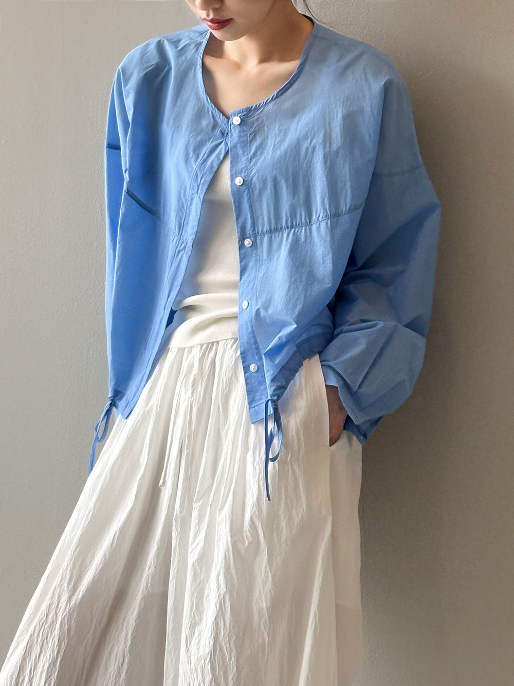 【YH9808】 實拍夏季韓系清新休閒|錦棉圓領薄款短版防曬襯衫250424
