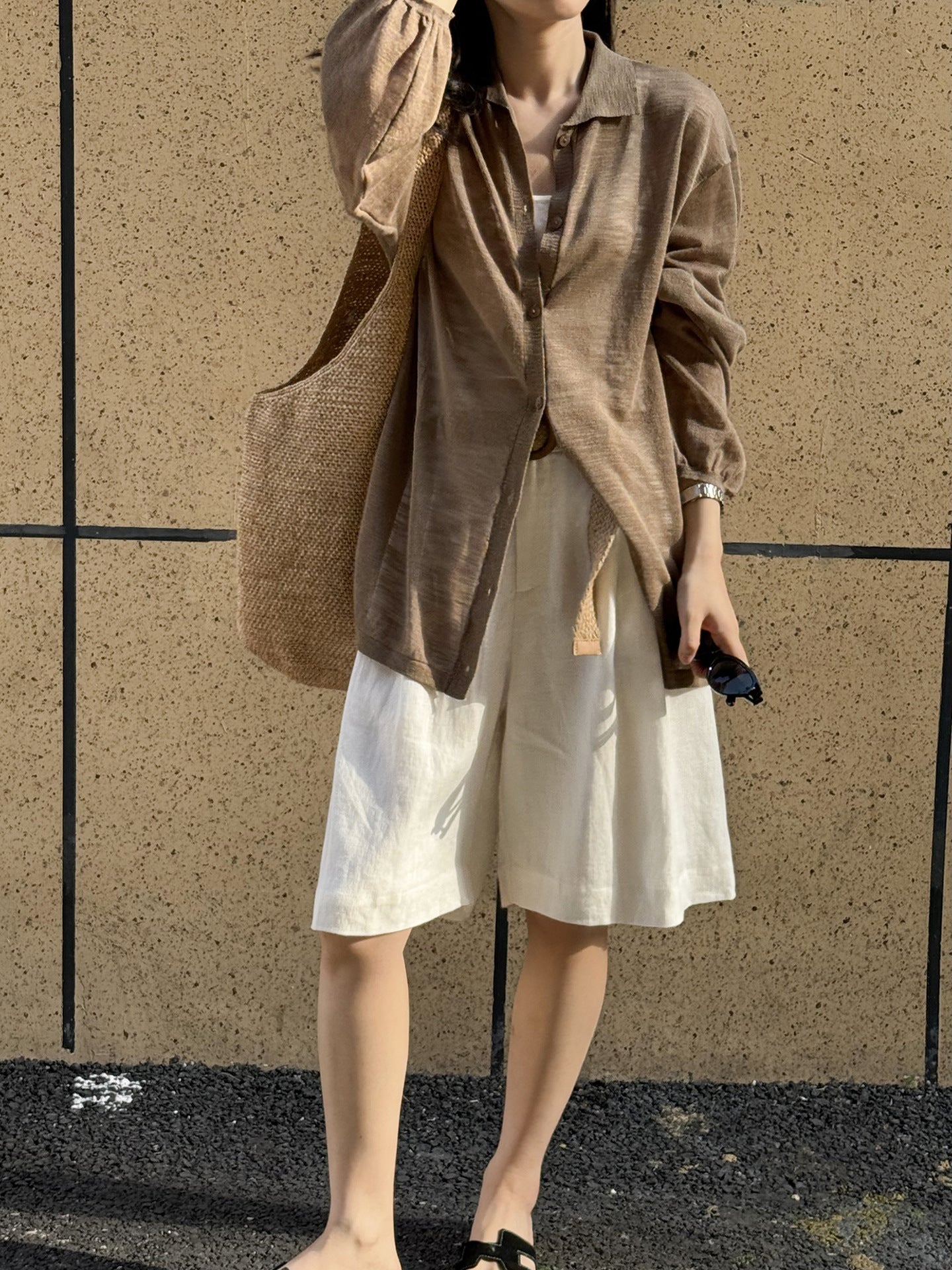 【Y9803】 夏季法式簡約純亞麻五分褲(有內裡,含腰帶)250529