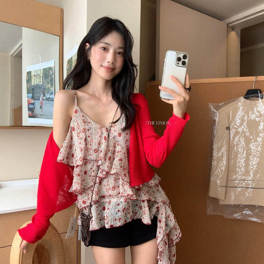 【L10658】復古甜美少女感🎀浪漫碎花飄帶荷葉邊無袖細肩帶背心上衣260518