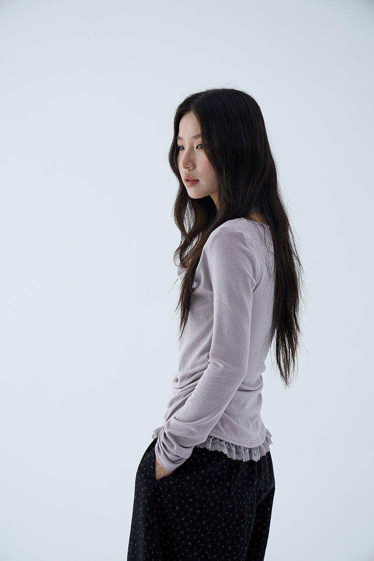 【L3140】實拍初秋極美蕩領蕾絲掛脖假兩件長袖T恤250827