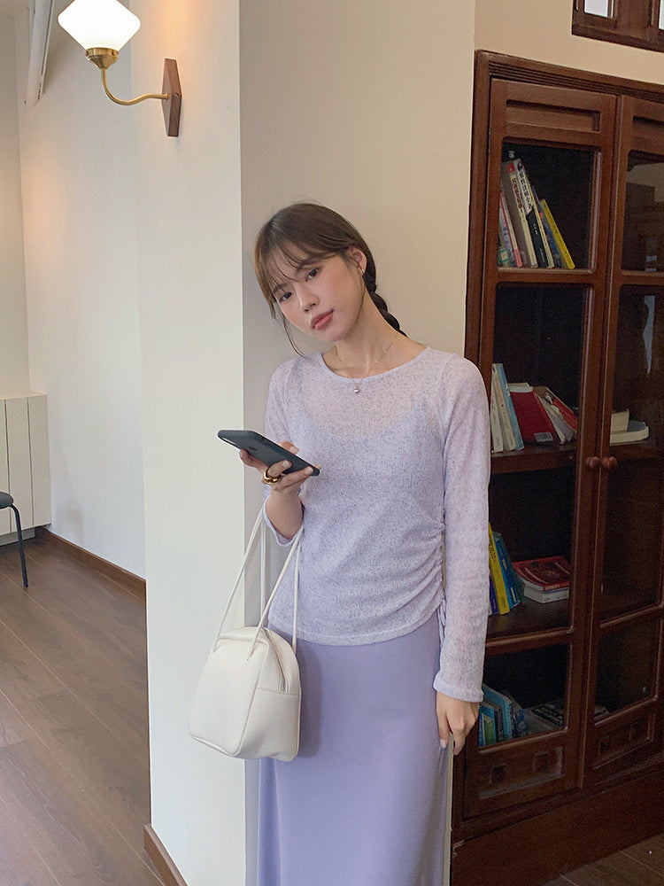 【L9986】實拍隨性紫羅蘭 吊帶洋裝+薄款防曬罩衫 2件套250825