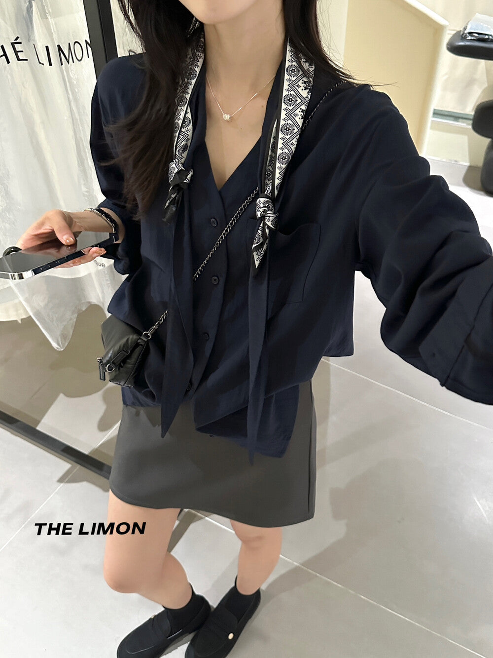 【L1127】實拍檸檬家韓系高級感氣質飄帶長袖襯衫+絲巾250901