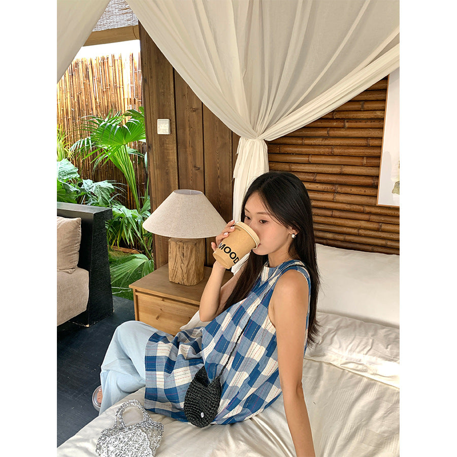 【H5231】實拍夏日清爽棉質復古藍格背心洋裝250506