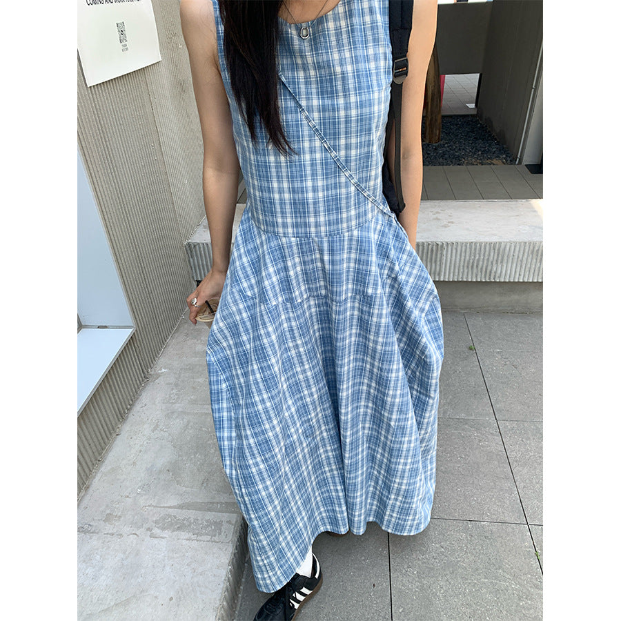 【H5290】實拍夏天韓國復古藍格個性花苞長洋裝+小包250603