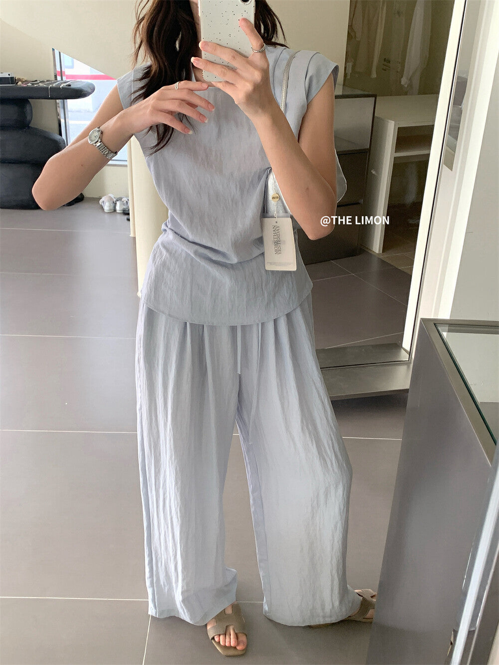 【L8792】實拍檸檬家 夏季亞麻收腰上衣+高腰闊腿褲 套裝250519