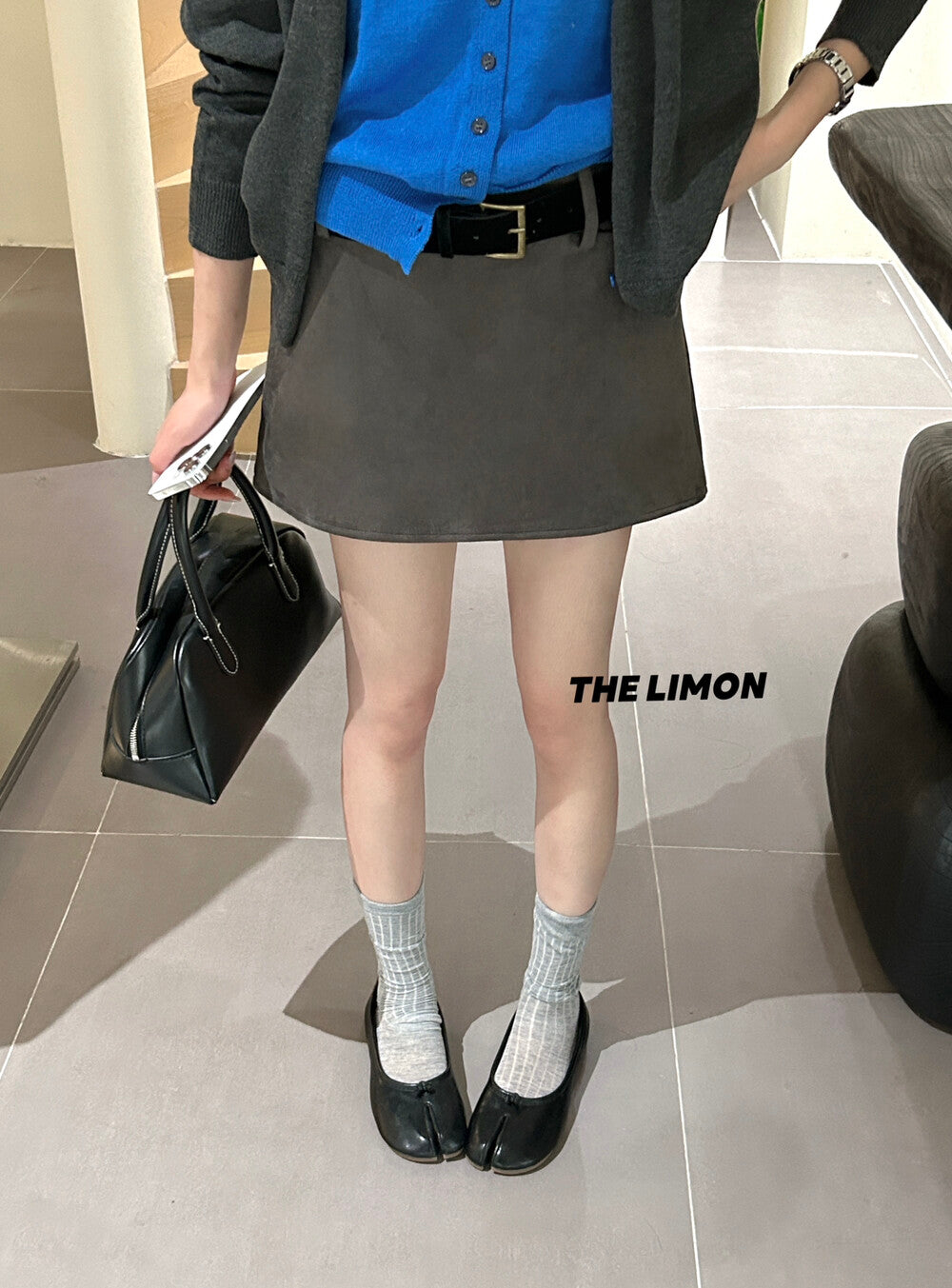【L9238】實拍檸檬秋季質感鹿皮絨簡約復古短裙女+腰帶250915
