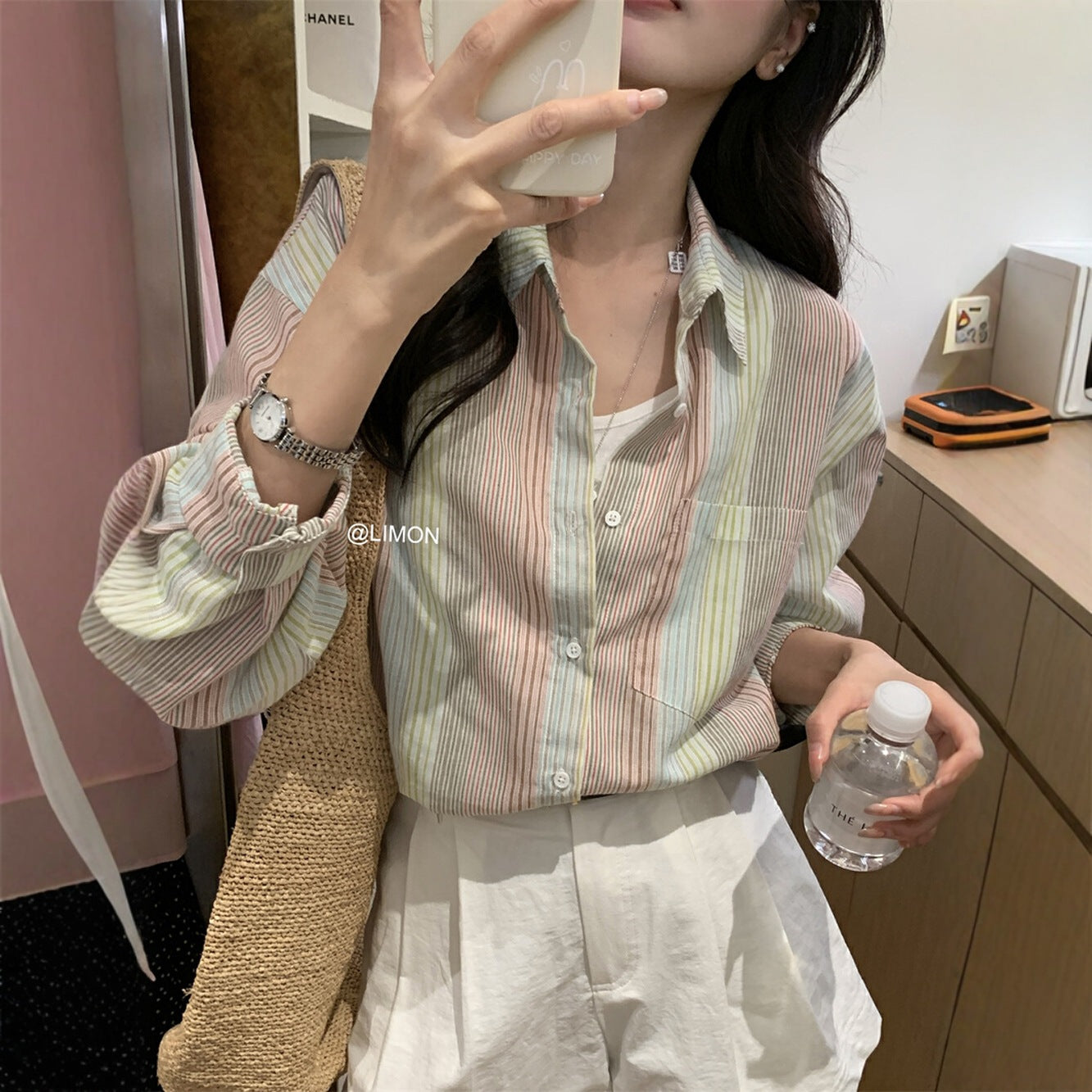 【L8505】實拍檸檬復古中性條紋長袖襯衫250414