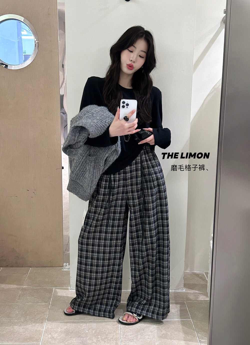 【L1133】實拍檸檬秋季格紋磨毛高腰闊腿褲+腰帶250930
