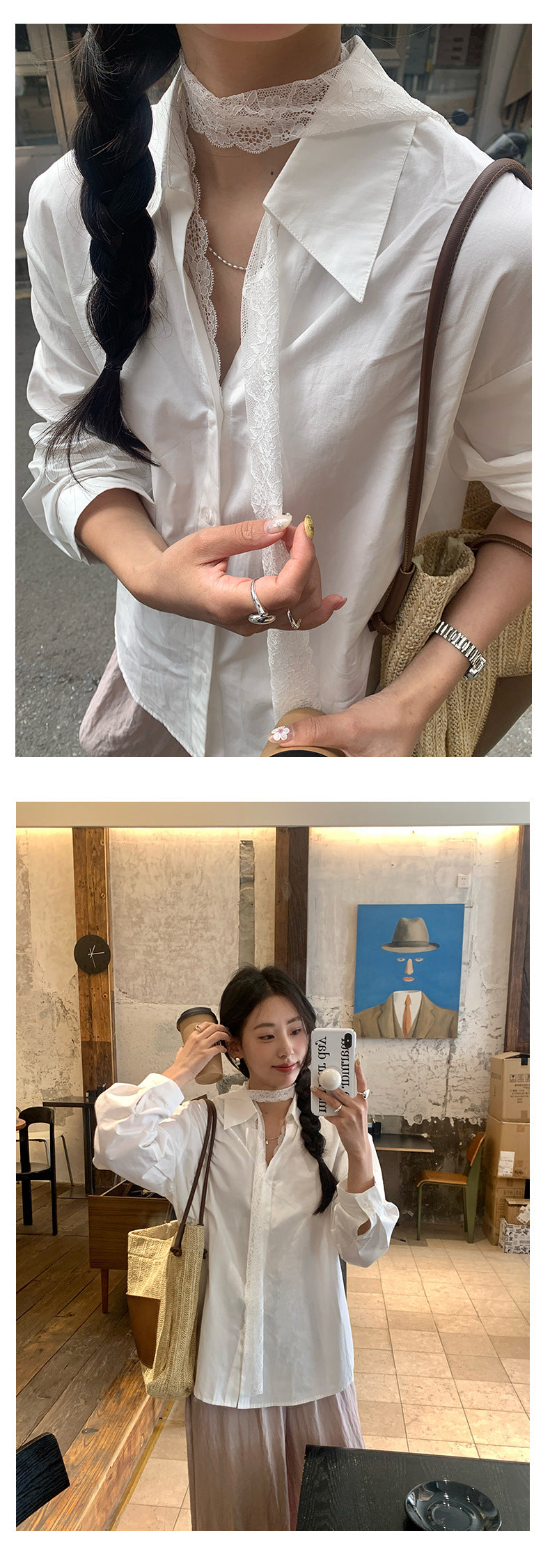 【H5098】實拍蕾絲繫帶寬鬆長袖襯衫250310