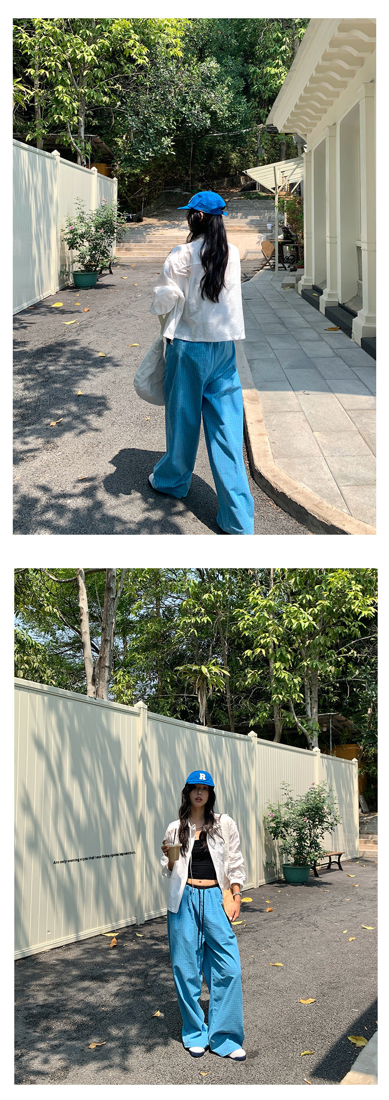 【H5164】實拍夏天舒適休閒格紋寬鬆闊腿褲抽繩鬆緊腰250407