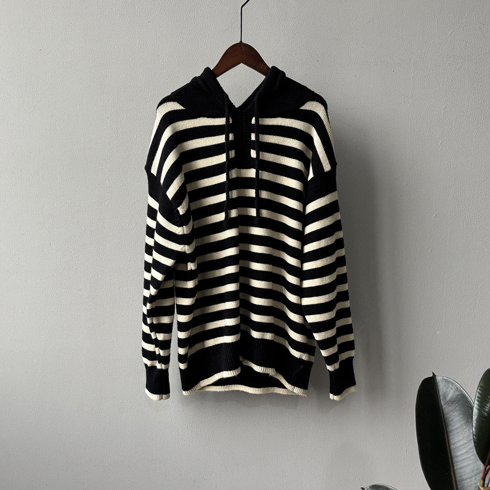 【Y899】實拍冬季條紋針織連帽毛衣251106