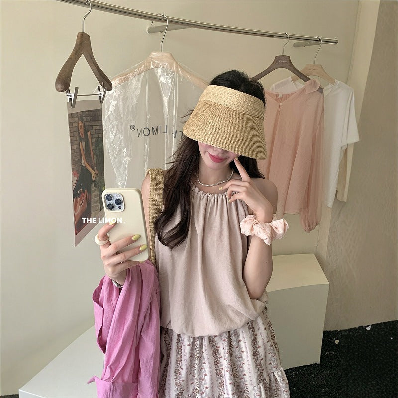 【L8665】實拍檸檬家 少女感棉麻綁帶背心250519