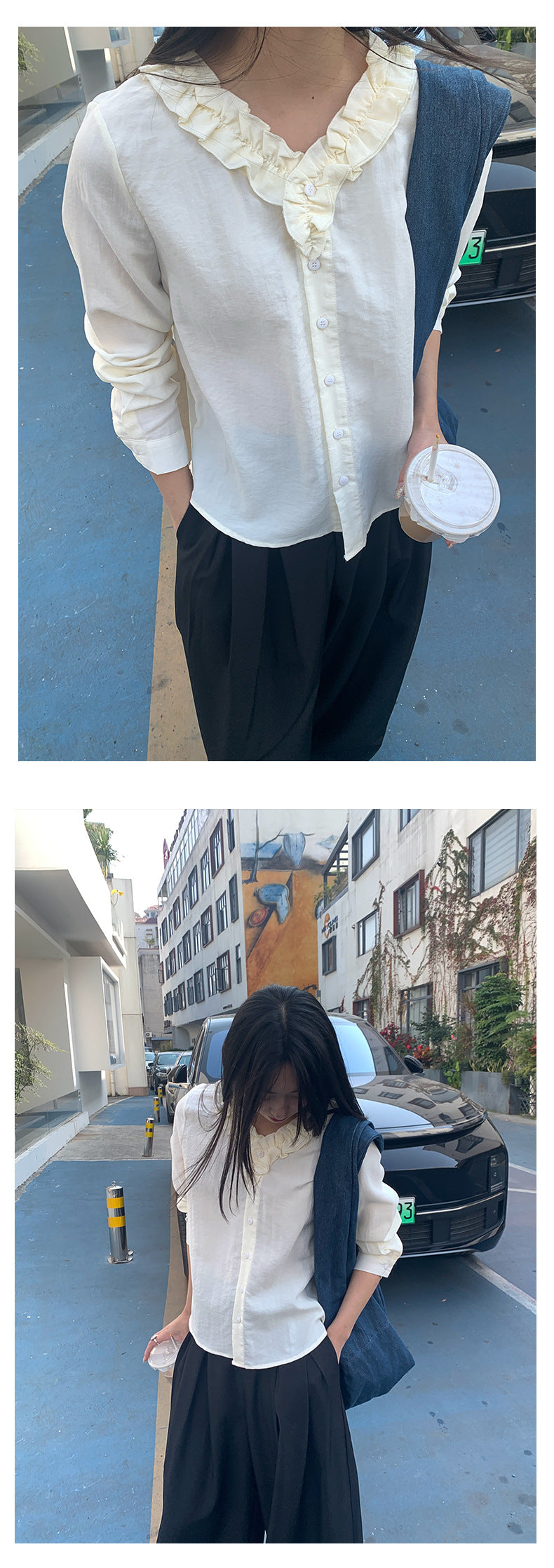 【H5021】實拍法式小清新荷葉V領長袖襯衫250210