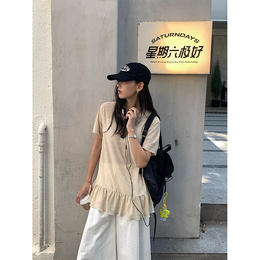 【H5375】實拍燕麥色荷葉下擺短袖T250715