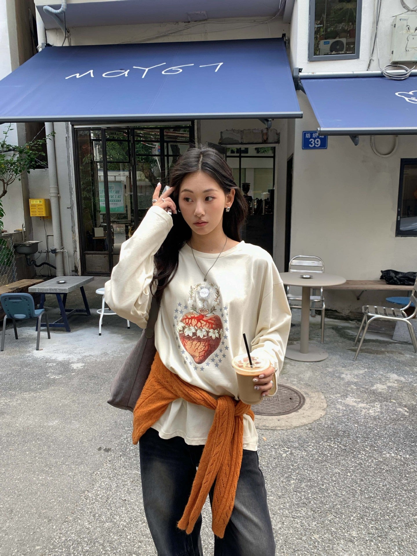 【H5397】實拍韓系甜美少女寬鬆長袖T恤250902