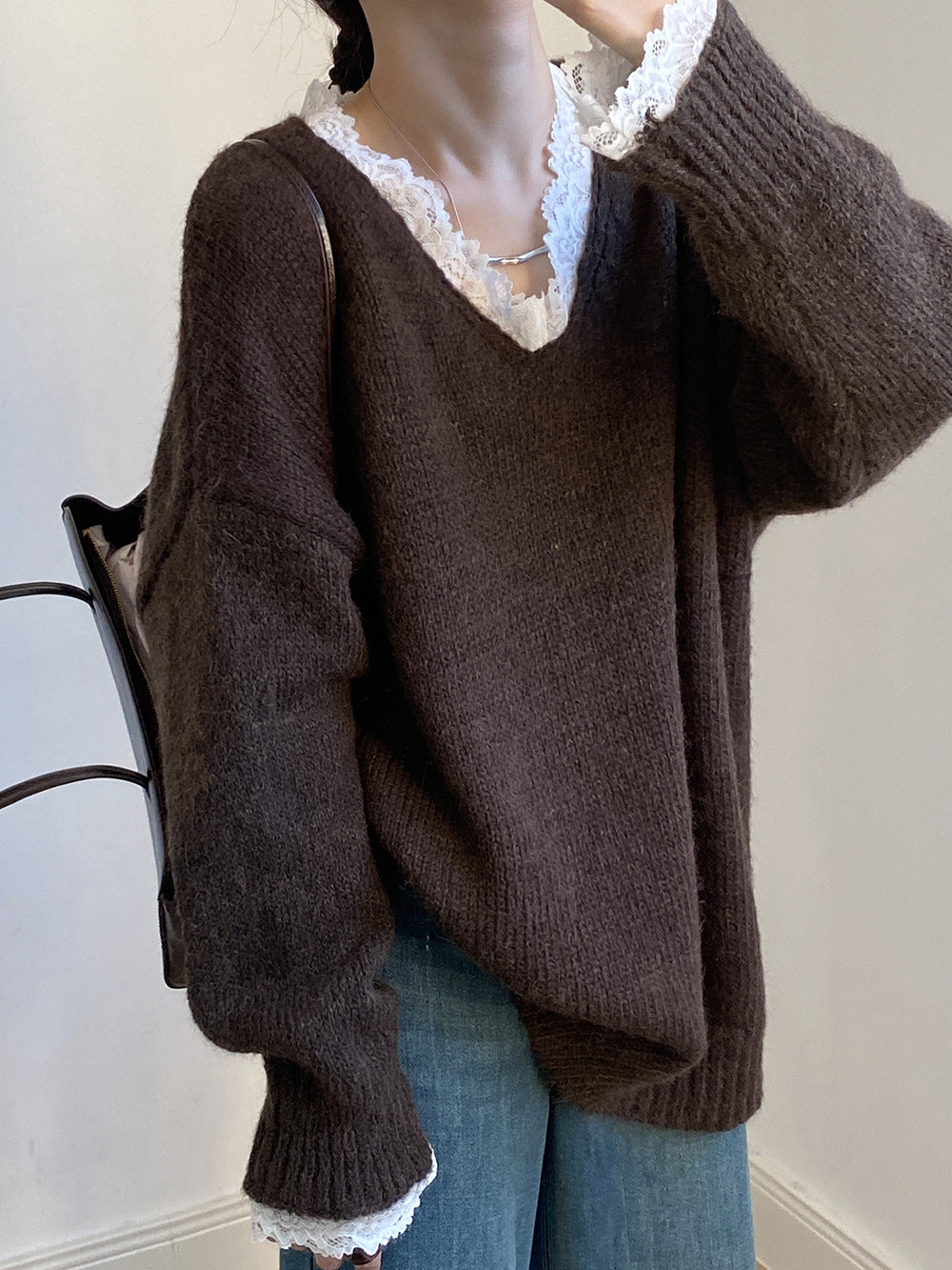 【YP960】實拍爆款質感蕾絲花邊寬鬆保暖針織毛衣(含8%羊毛)241211