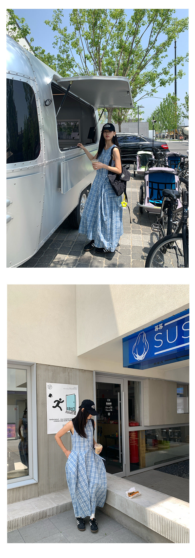 【H5290】實拍夏天韓國復古藍格個性花苞長洋裝+小包250603