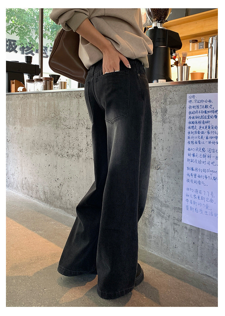 【H5402】實拍復古做舊洗水黑灰色廓形牛仔褲250902