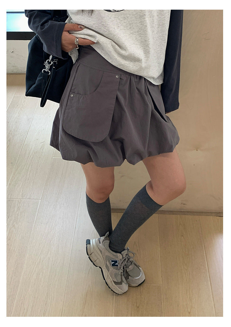 【H5419】實拍韓系美少女工裝褶皺高腰花苞裙250909