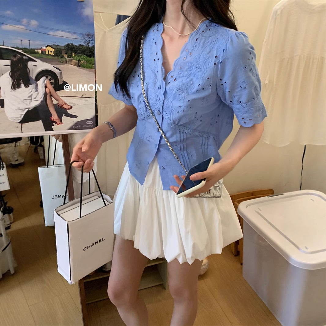 【L8377】實拍夏季收腰V領蕾絲短袖襯衫250505