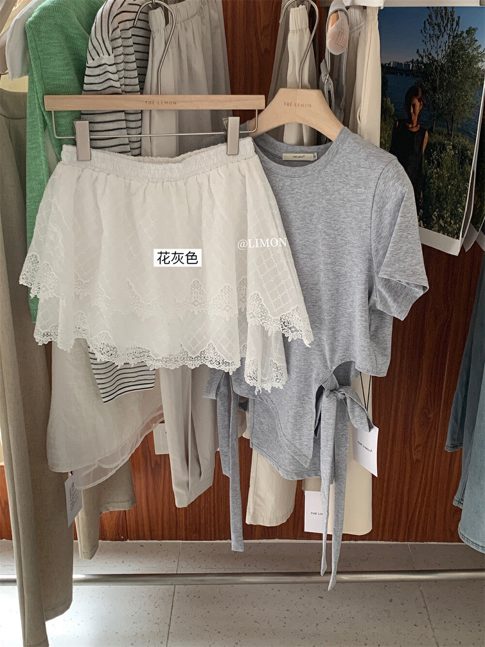 【L8531】實拍檸檬不規則設計綁帶短袖T恤+蕾絲花邊裙 套裝250421