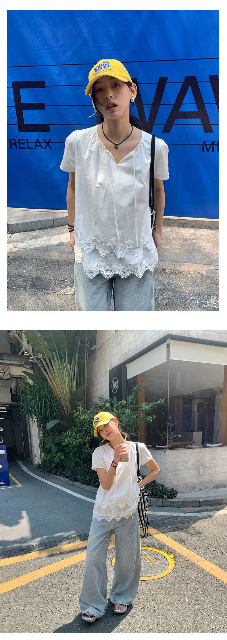 【H5152】實拍春夏清新氣質繫帶短袖蕾絲上衣250331