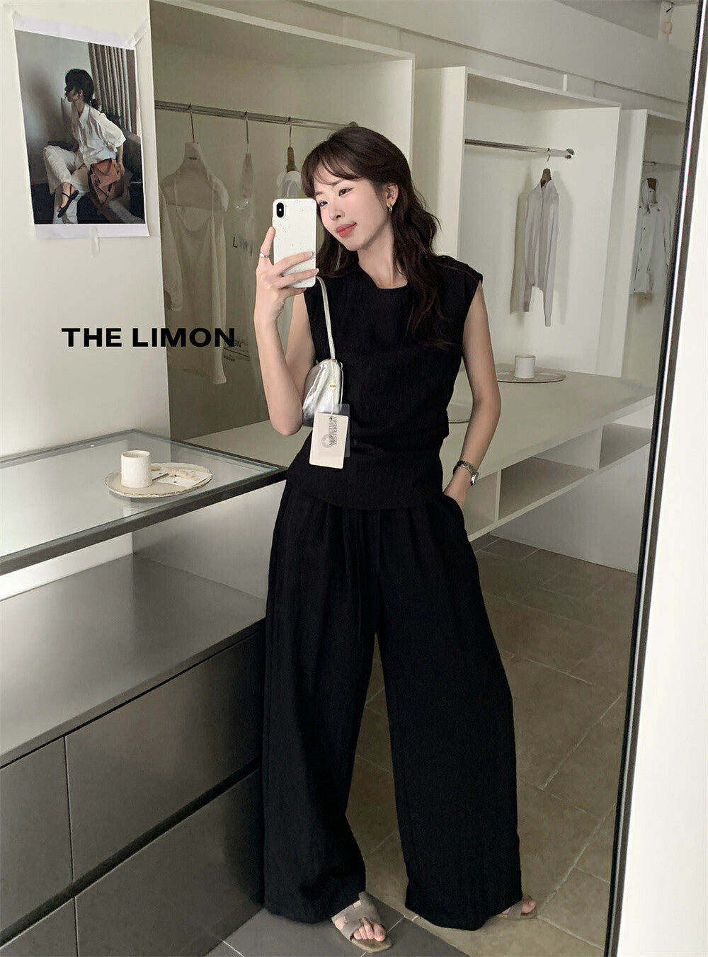 【L8792】實拍檸檬家 夏季亞麻收腰上衣+高腰闊腿褲 套裝250519