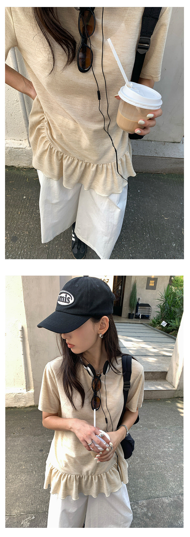 【H5375】實拍燕麥色荷葉下擺短袖T250715