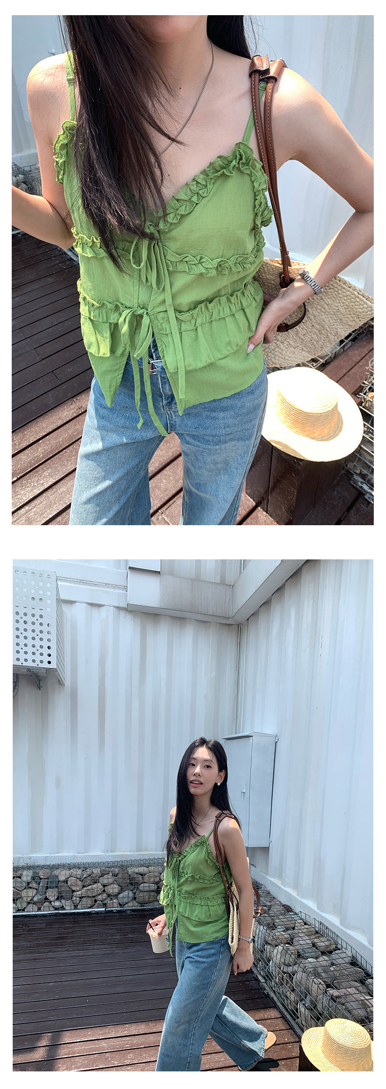 【H5304】 實拍韓國小清新荷葉V領上衣250610