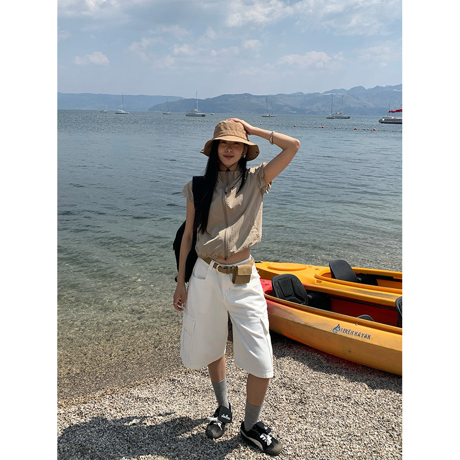 【H5136】實拍夏季工裝率性立領雙頭拉鍊外套上衣250324