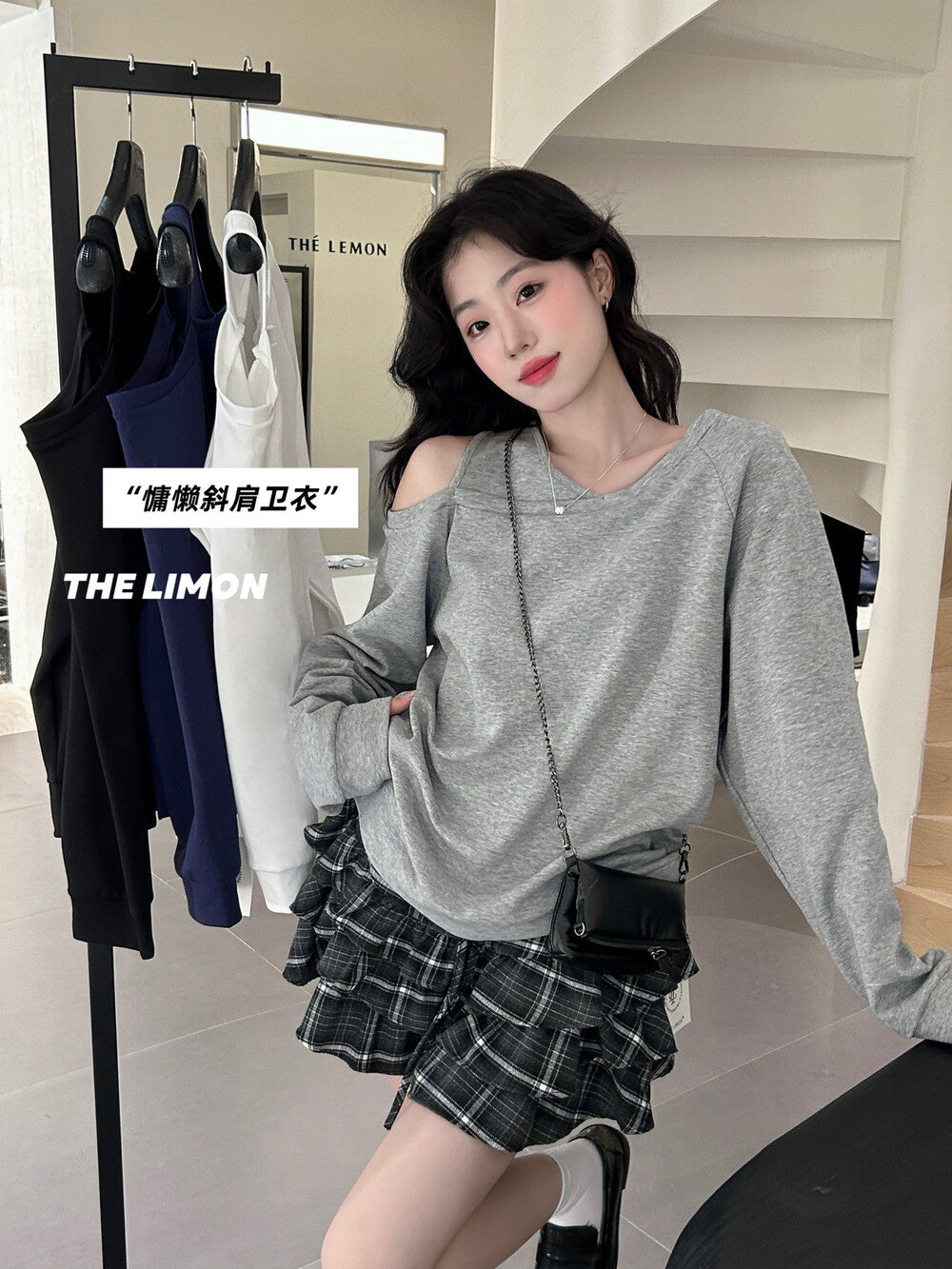 【L9215】實拍檸檬秋季美式斜肩寬鬆衞衣250915