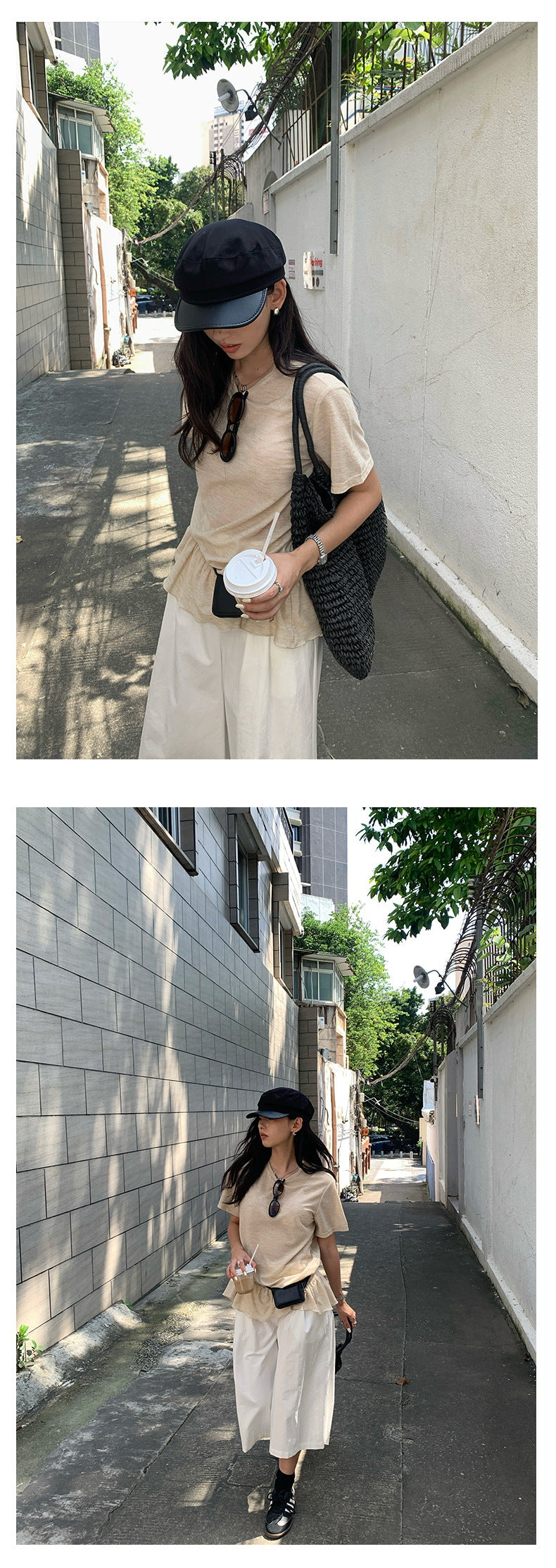 【H5375】實拍燕麥色荷葉下擺短袖T250715