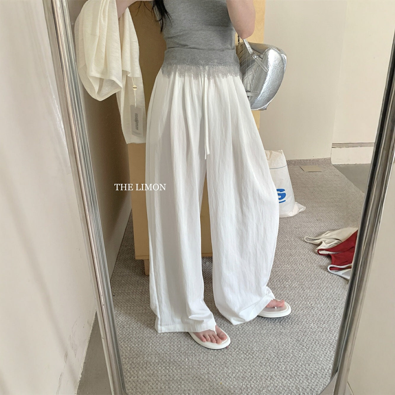 【L8501】實拍檸檬簡約舒適抽繩闊腿褲250414