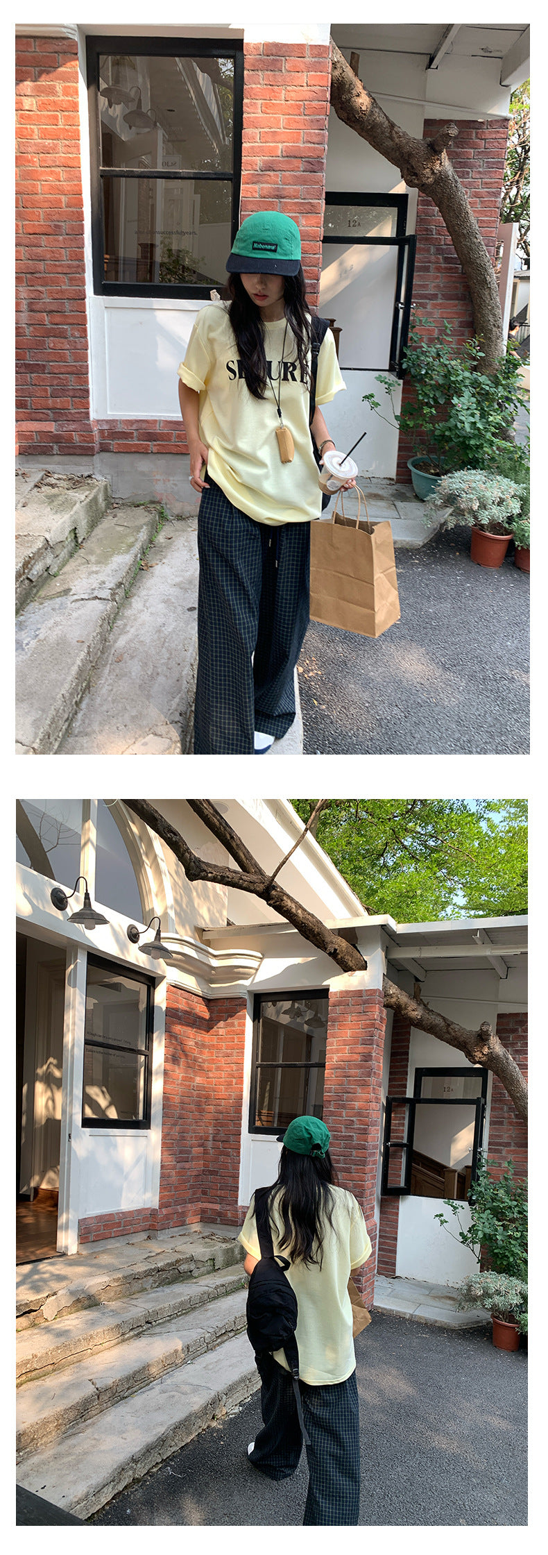【H5164】實拍夏天舒適休閒格紋寬鬆闊腿褲抽繩鬆緊腰250407