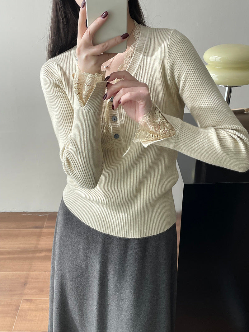 【cimYL1292】實拍秋冬蕾絲性感紐扣坑條針織衫241204