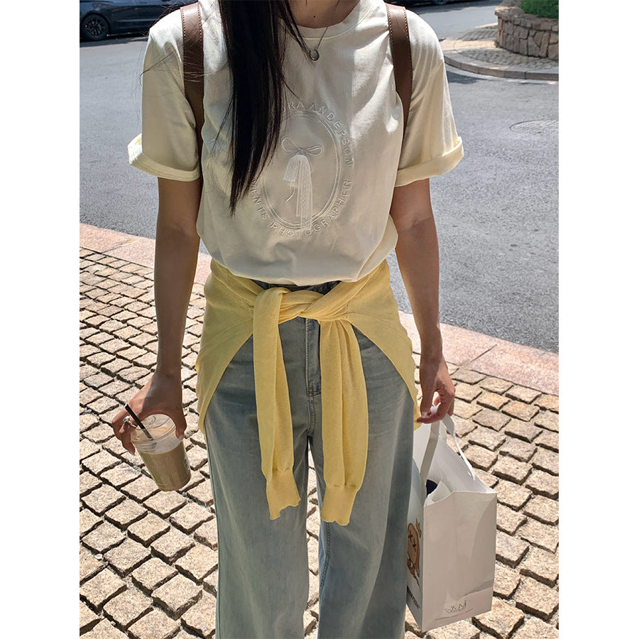 【H5215】實拍夏季甜美氣質|蝴蝶結刺繡圓領短袖T恤250429