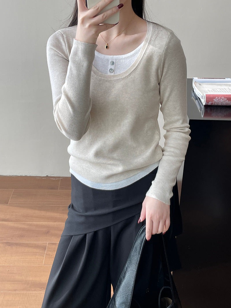 【cimYL2001】實拍早春大U領假兩件針織衫(含羊毛量10%)250108