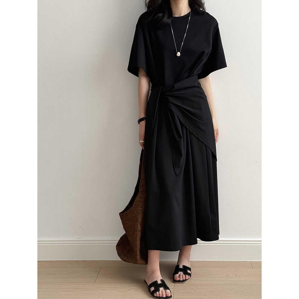 【Y82218】實拍舒舒服服簡約圓領短袖連衣裙+披肩250320