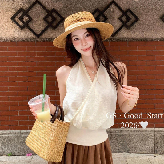 【LN5102E】Y2K時髦辣妹🔥性感蕾絲花邊交叉繞頸無袖上衣260518