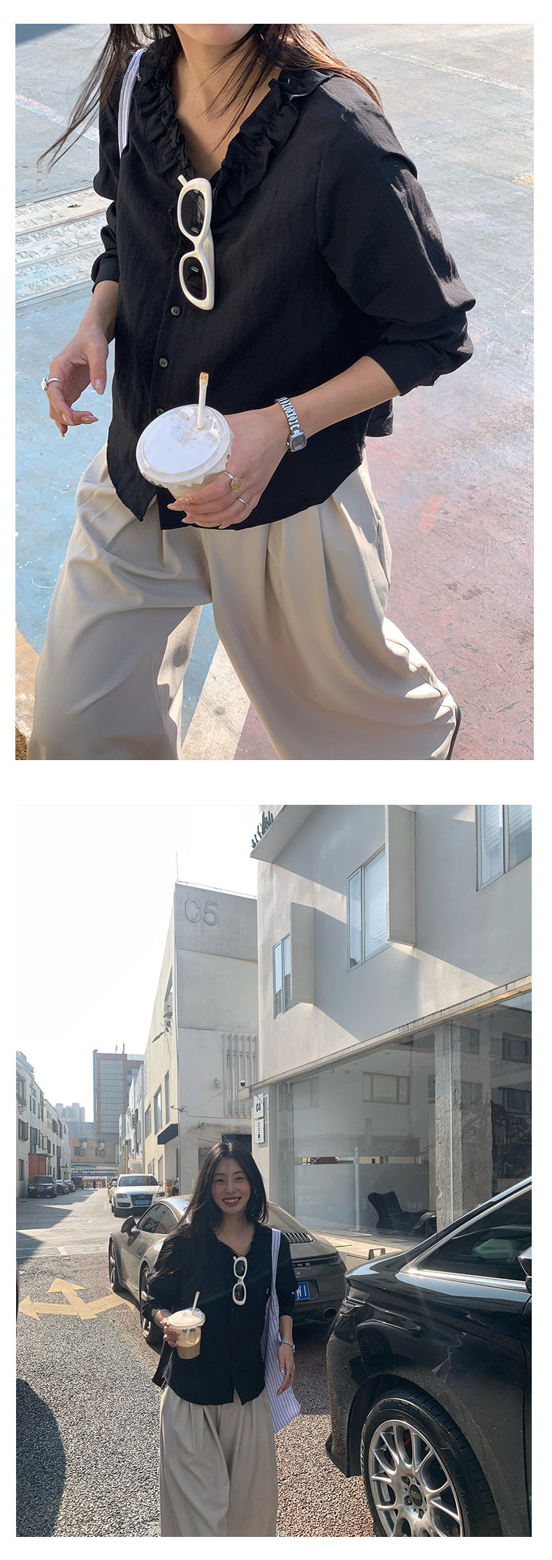 【H5021】實拍法式小清新荷葉V領長袖襯衫250210