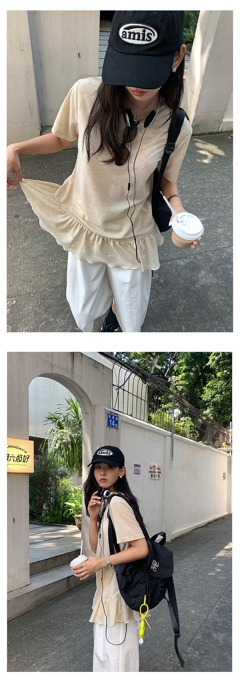 【H5375】實拍燕麥色荷葉下擺短袖T250715