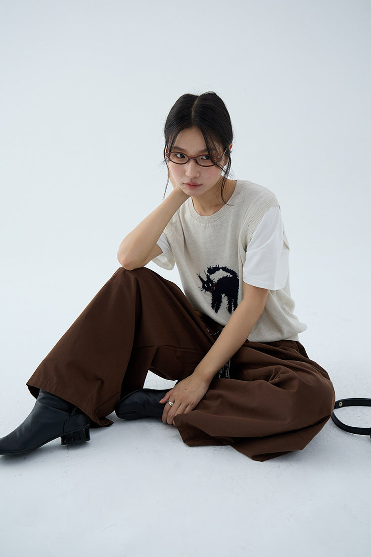 【L3143】實拍假兩件針織小貓拼接短袖針織(羊毛6%)250827