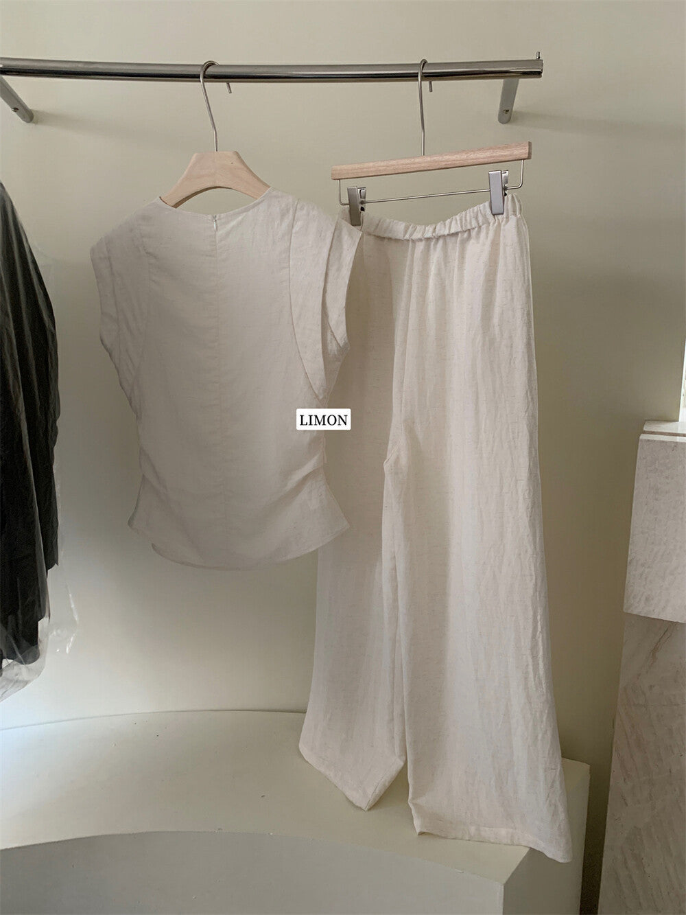 【L8792】實拍檸檬家 夏季亞麻收腰上衣+高腰闊腿褲 套裝250519