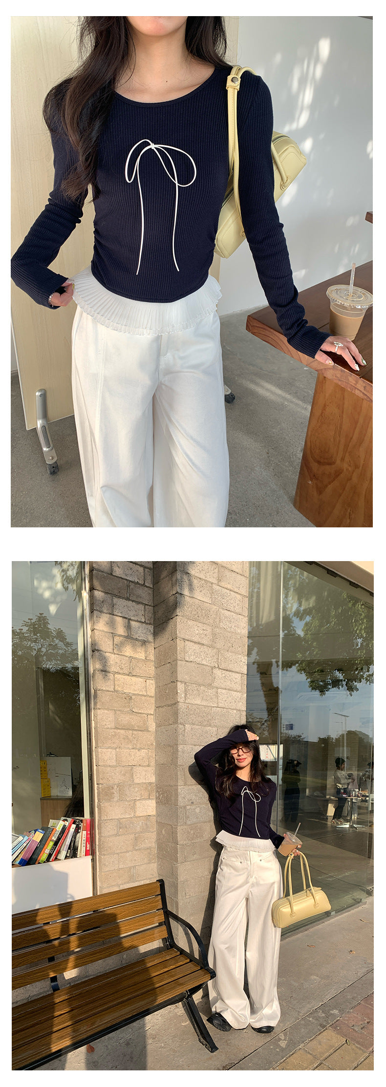 【H5063】實拍春夏氣質款蝴蝶結蕾絲長袖T恤250224