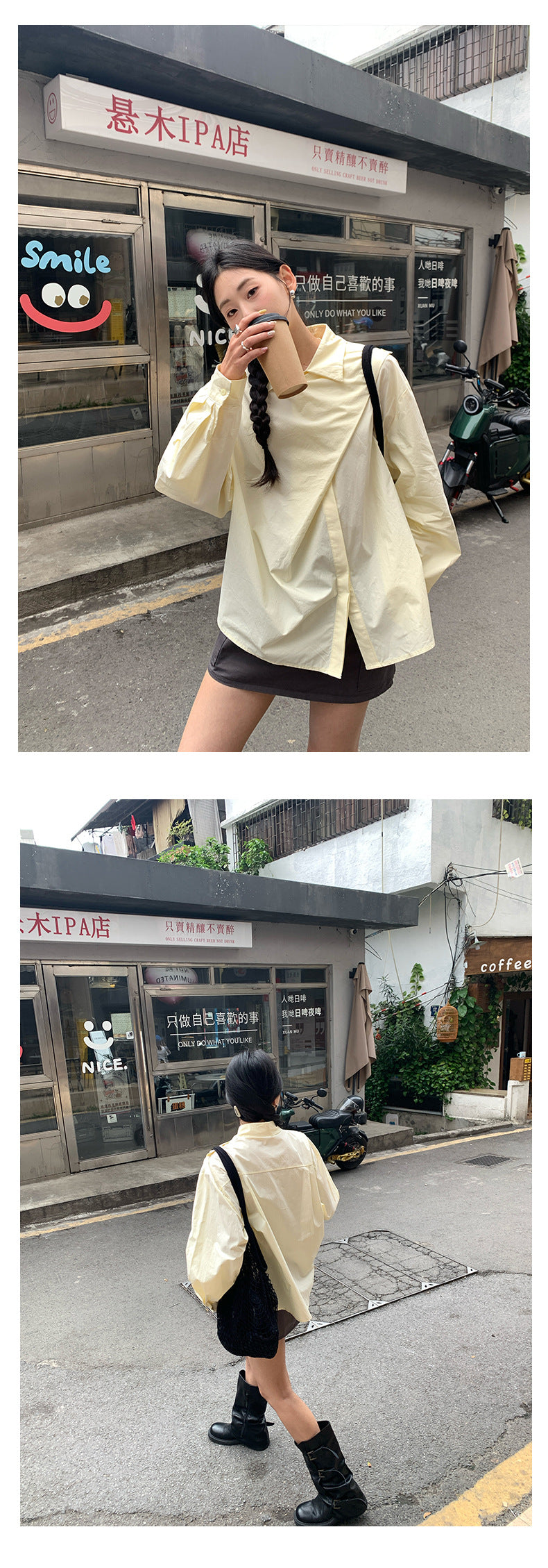 【H5106】實拍韓版設計款不規則翻領長袖襯衫250310