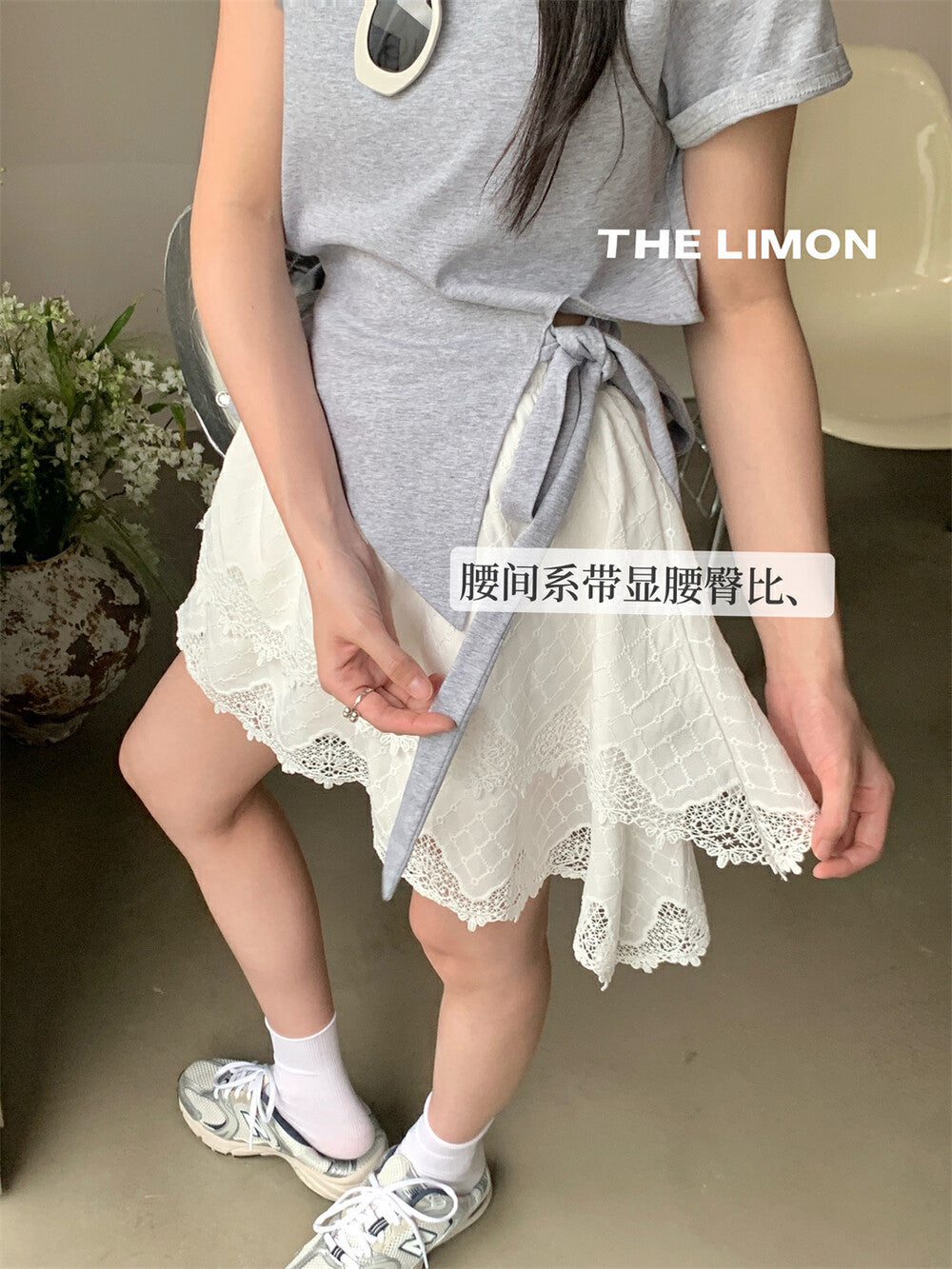 【L8531】實拍檸檬不規則設計綁帶短袖T恤+蕾絲花邊裙 套裝250421