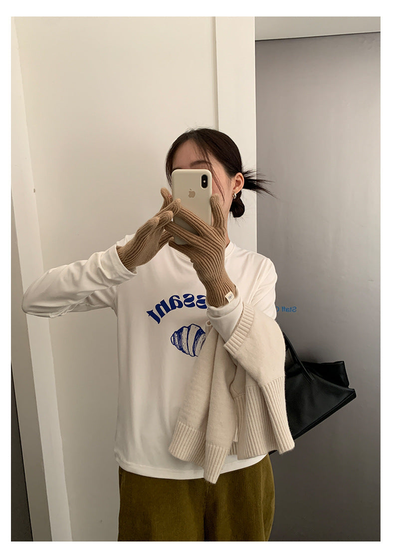 【H550】實拍韓系牛角印花長袖棉質T恤251007